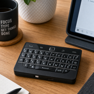 BBQ20KBD black mini keyboard on a modern desk with tablet and notebook nearby