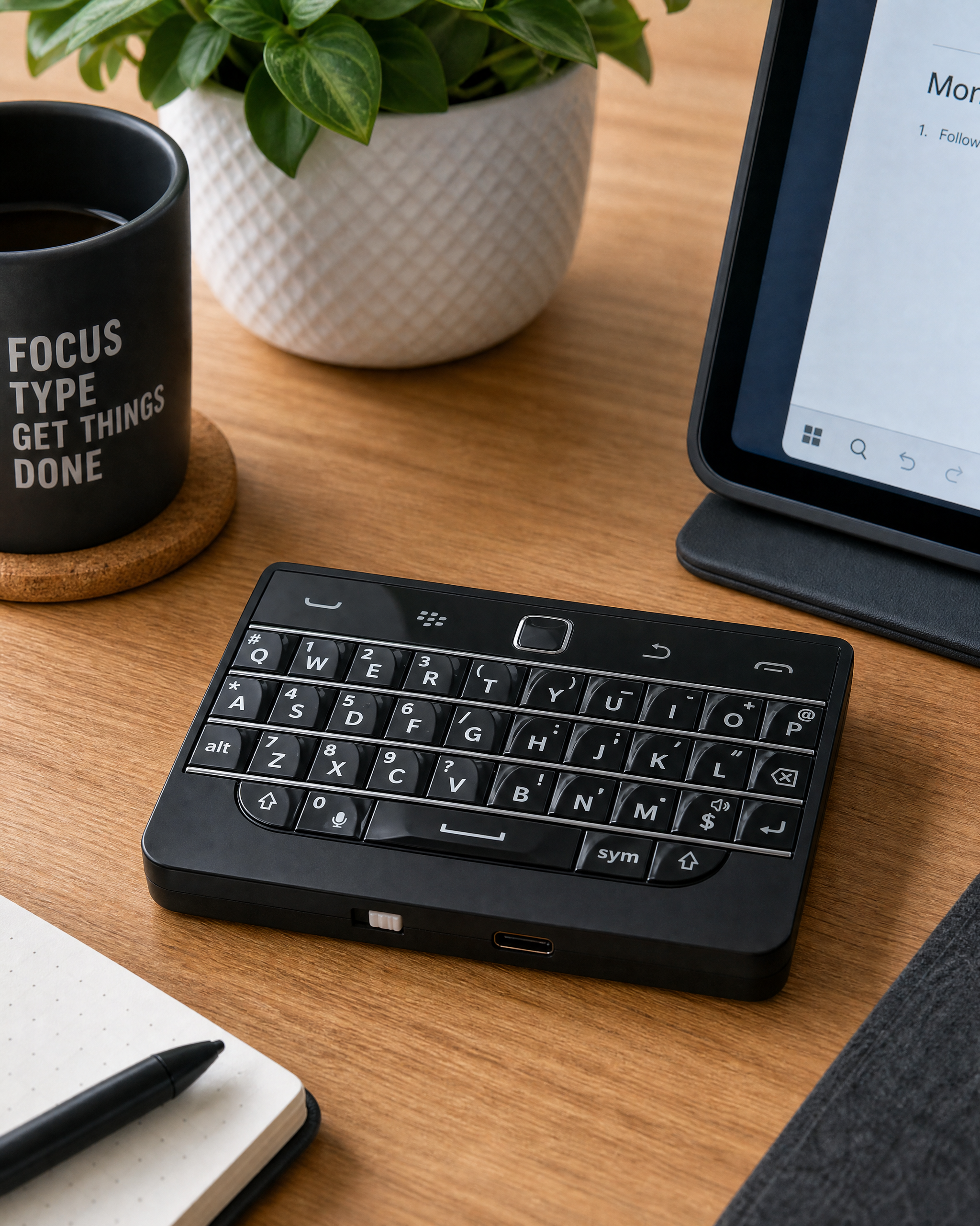BBQ20KBD black mini keyboard on a modern desk with tablet and notebook nearby