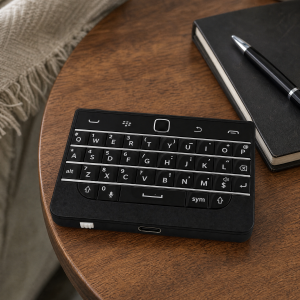 BBQ20KBD mini black keyboard in a casual home round table setting