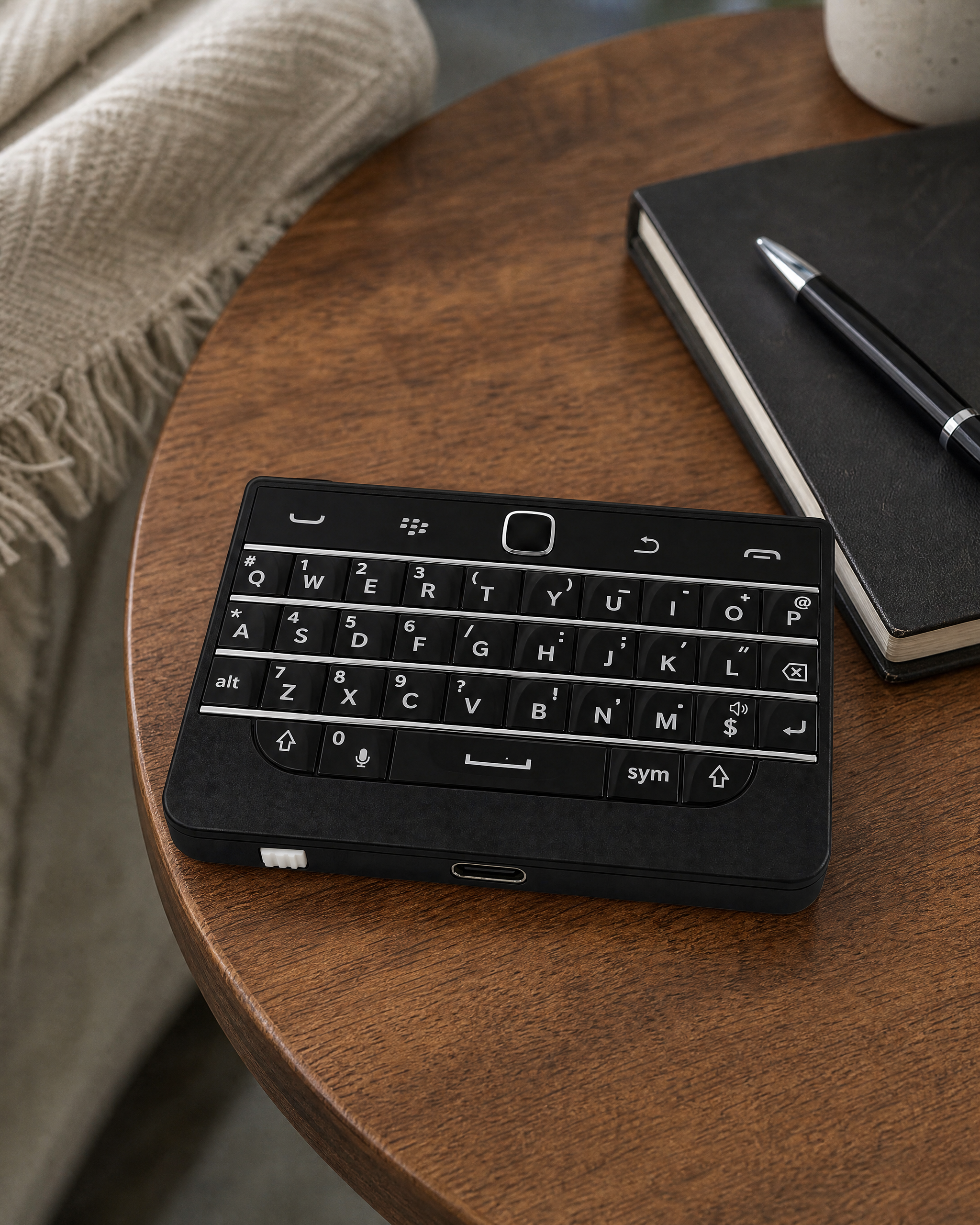 BBQ20KBD mini black keyboard in a casual home round table setting