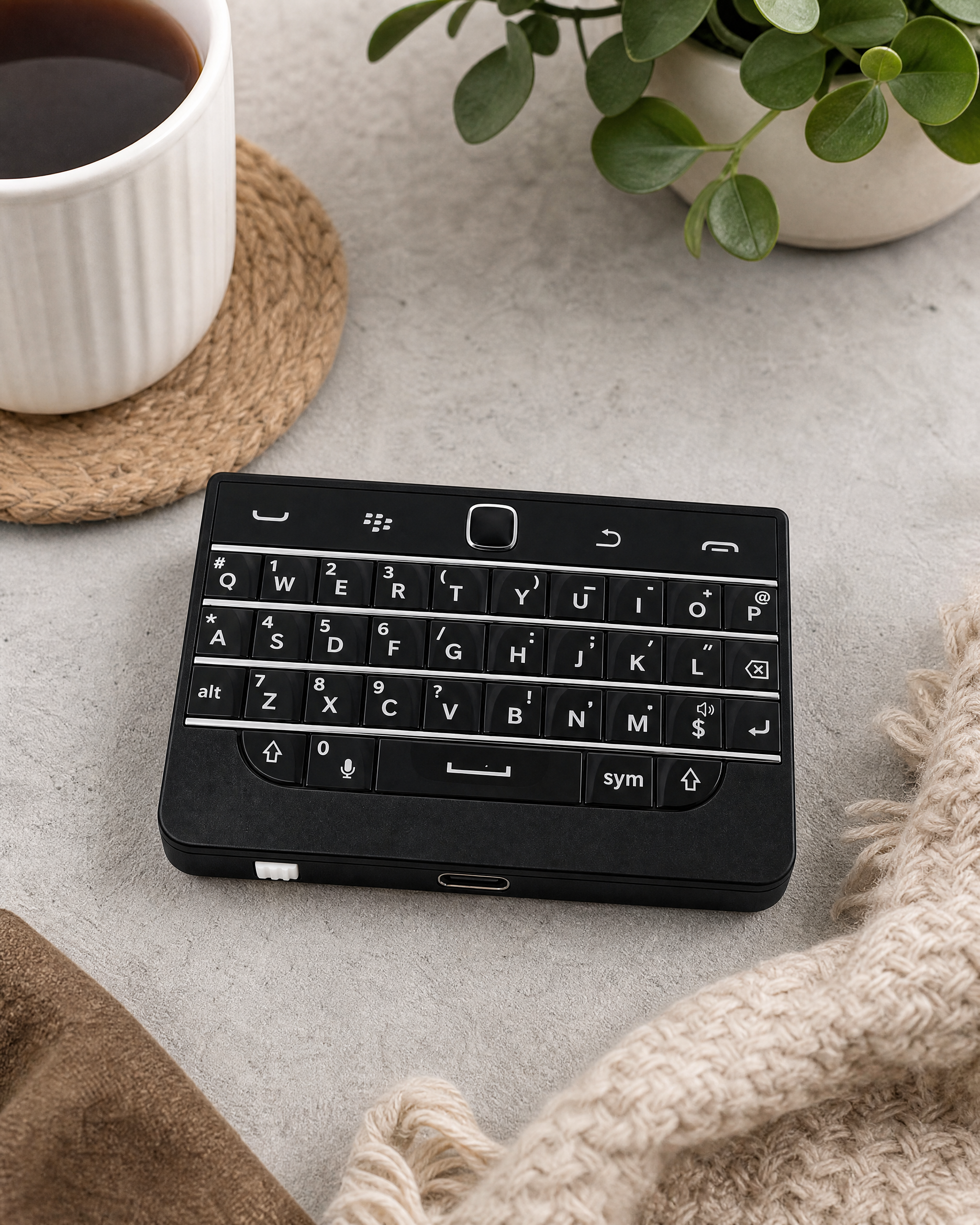 BBQ20KBD mini black keyboard in a cozy living room setting
