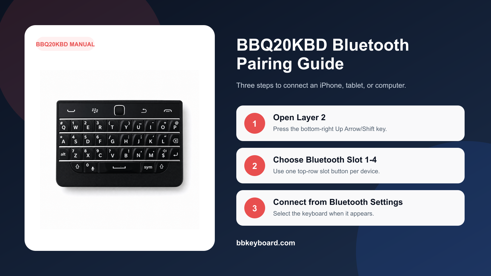 BBQ20KBD Bluetooth pairing guide showing Layer 2 and four device slots